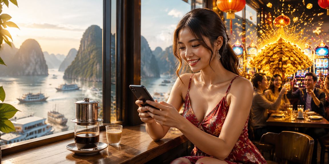 Người dùng chơi casino trên điện thoại di động với phong cảnh Hạ Long Bay